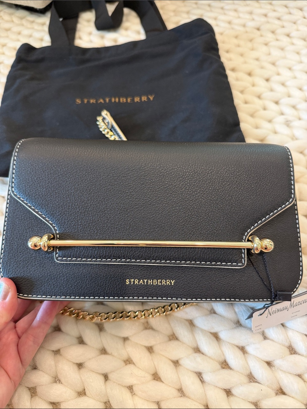 Strathberry Black Leather Crossbody with Gold Bar and Chain - Picture 5 of 5